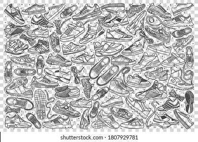 Sneakers doodle set. Collection of hand drawn sketches templates patterns of male female footwear trainers at shoes store on transparent background. Beauty and fashionable lifestyle illustration.