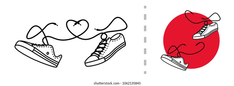 Sneakers. Drawing a contour on a white background for coloring. Illustration in Japanese style on a red circle. Print on clothes, app background or advertising. Flag of travel in favorite sneakers