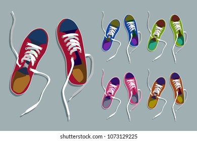 Sneakers drawing set. Black, red and white traditional sport shoes. Sketch doodle style vector illustration.