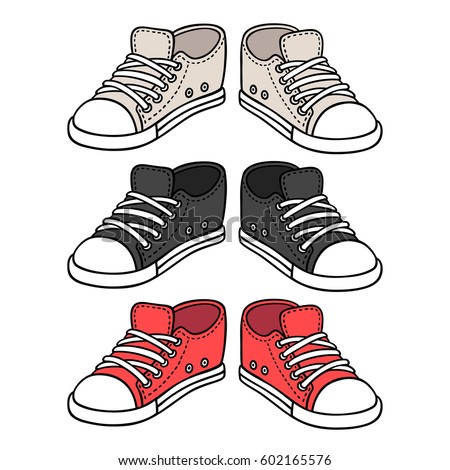 Sneakers drawing set. Black, red and white traditional sport shoes. Sketch doodle style vector illustration.