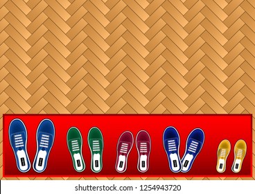 sneakers of family members different colors on the red carpet and parquet floor the view from the top. Realistic Vector Illustration