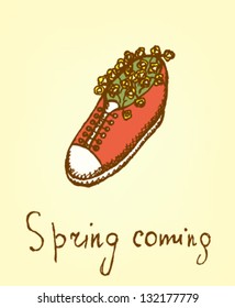 Sneakers flower pot. Vector illustration spring coming.