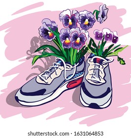Sneakers with flowers. Forget-me-nots, pansies are in shoes. Stylish print.