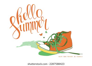 Sneakers with flowers vector sketch drawing. Casual shoes creative print. Youth style fashion illustration. Let's go motivational phrase. Street teenager footwear with lettering.