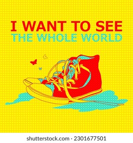 Sneakers with flowers vector sketch drawing. Casual shoes creative print. Youth style fashion illustration. Let's go motivational phrase. Street teenager footwear with lettering.