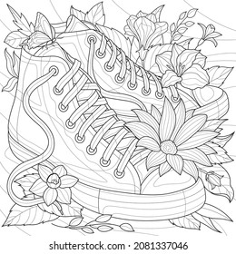  Sneakers and flowers.Coloring book antistress for children and adults. Illustration isolated on white background.Zen-tangle style. Hand draw