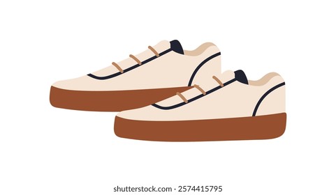 Sneakers, footwear pair in casual style. Comfortable modern sport shoes in stylish design. Trendy comfort trainers, urban foot wear. Flat graphic vector illustration isolated on white background