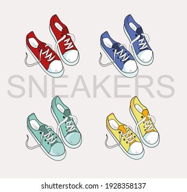 sneakers in four shades with a black outline in the style of doodle. Design element, icon.