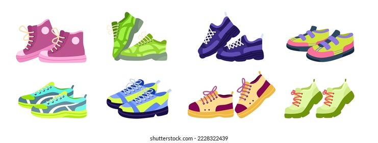 Sneakers and gumshoes. Run shoes. Fitness sport footwear. Modern fashion footwear. Casual clothing set. Summer walking symbol. Man boots. Girls clothes. Vector nowaday illustration