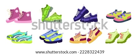 Sneakers and gumshoes. Run shoes. Fitness sport footwear. Modern fashion footwear. Casual clothing set. Summer walking symbol. Man boots. Girls clothes. Vector nowaday illustration