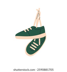 Sneakers hanging on tied laces. Sport shoes, casual sporty style footwear pair on shoelaces. Comfortable athletic foot wear. Modern trainers. Flat vector illustration isolated on white background