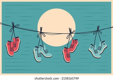 Sneakers hanging in retro style. Pair of shoes with tied laces dangling on a string. Vector flat illustration for banner, poster, cover art svg