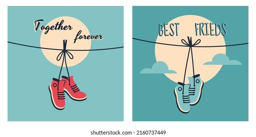 Sneakers hanging in retro style. Pair of shoes with tied laces dangling on a string. Vector flat illustration with lettering for banner, poster, cover art svg