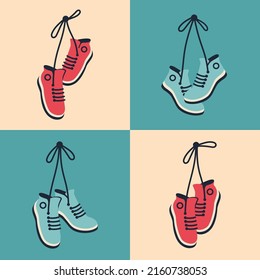 Sneakers hanging in retro style. Pair of shoes with tied laces dangling on a string. Vector flat illustration for banner, poster, cover art svg