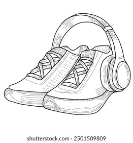 Sneakers with headphones vector. Sneakers shoes. Sneakers line art style drawing. 