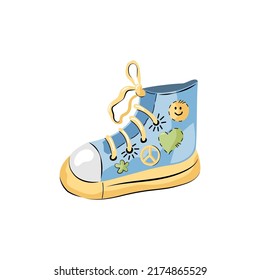 Sneakers with heart, flower and  smiling emoji on white background. Hippie and pacifism concept. 1970 vibe. Vector illustration.
