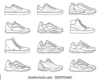 Sneakers icon. Outline sport shoe types for running and fitness. Minimalist line sneaker symbols. Fashion design of gym footwear vector set. Modern trendy trainers for active lifestyle