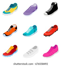 Sneakers. icon set in isometric style. multicolored athletic shoes