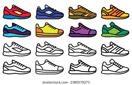 Sneakers icon set, running shoe, sports shoes in detailed style, colored and line drawing, vector illustration