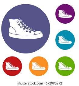Sneakers icons set in flat circle reb, blue and green color for web