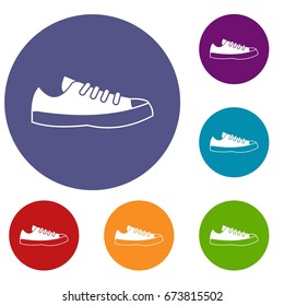 Sneakers icons set in flat circle reb, blue and green color for web