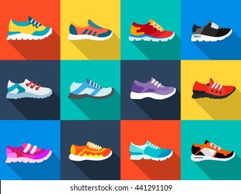 sneakers icons set flat style. Multi-colored sneakers icons set. Sneakers and shoes Flat design vector illustration
