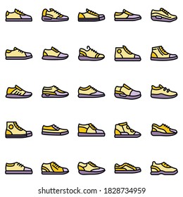 Sneakers icons set. Outline set of sneakers vector icons thin line color flat on white