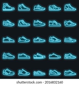 Sneakers icons set. Outline set of sneakers vector icons neon color on black