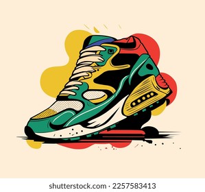 Sneakers illustration 90s, isolated. Basketball shoe. Sneaker logo. Pop art