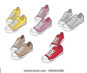 Sneakers illustration. College style pair of shoes. Hand drawn illustration with shoes. Hipster sneakers in hand drawn graphic for logo, poster, postcard.