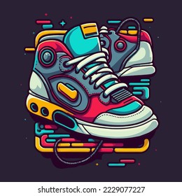 Sneakers illustration, isolated. Basketball shoe linear silhouette. Sneaker shop logo. Man sport footwear. Casual fashion banner