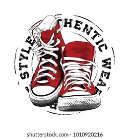 Sneakers illustration for t-shirt. College style pair of shoes.