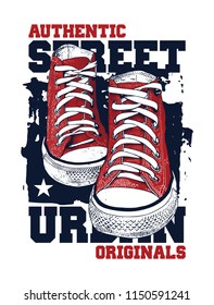 Sneakers illustration for t-shirt. College style pair of shoes on white background. 2 colors print.