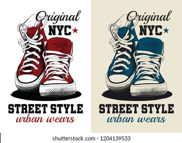 Sneakers illustration for t-shirt. College style pair of shoes.