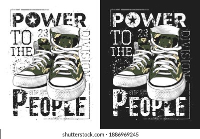 Sneakers illustration for a t-shirt. Military-style graphic.