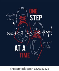 Sneakers illustration for t-shirt.  Sport style shoes with never give up motivational message.