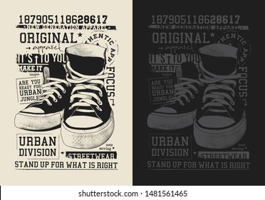 Sneakers illustration with typography for t-shirt. 1 color print on light and dark background.