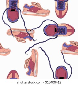 Sneakers with laces watercolor seamless pattern. Vector. White background