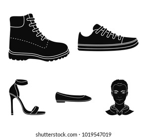 Sneakers with laces, winter warm boots on high soles, women's ballet flats, high-heeled sandals. Shoes set collection icons in black style vector symbol stock illustration web.