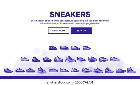 Sneakers Landing Web Page Header Banner Template Vector. Man And Woman Shoes Sneakers Linear Pictograms. Boots Footweare Stock Fashion Modern Accessory Illustration