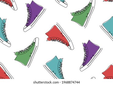 Sneakers in line art and coloring. Minimalist art. Seamless pattern.