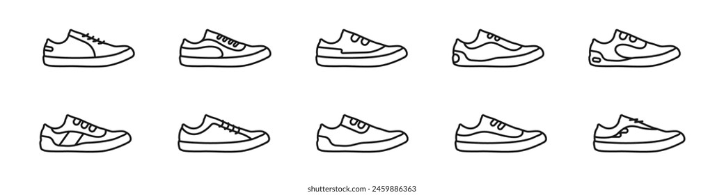 Sneakers line vector set. Outline sneaker simple icon on white background. Sports shoes concept logo vector. Running symbol icon. Sneaker foot size vector. Vector illustration.