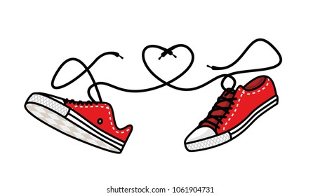 Sneakers love on a white background. Laces form a heart shape, a love for bright shoes. Vector stock illustration for design of a post in a social network or a book.