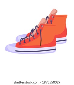 Sneakers A mix of red textile sneakers with a rubber toe and loose laces. Hand-drawn stamp with an outline. Shoes for modern teenage skaters. Isolated on white background Vector illustration