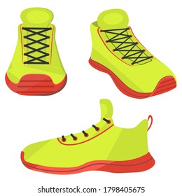 Sneakers. New bright shoes from different angles in a cartoon style to add to the animation of the character. Vector illustration for websites, prints and stationery.