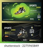 Sneakers on abstract background, realistic style. Sports shoes for running, fitness or walking. Can be used for web, flyers, print, brochures, presentation green black gold background vector drawing