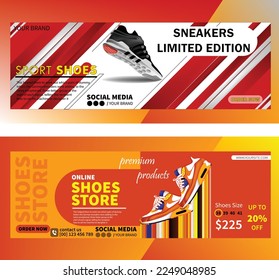 Sneakers on abstract background, realistic style. Sports shoes for running, fitness or walking. Can be used for web banner website landing page coupon, presentation, banners. Vector illustration