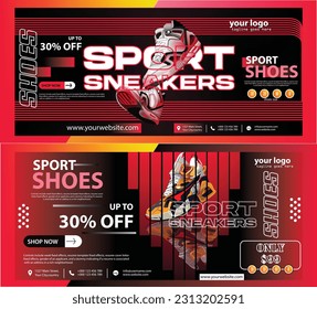 Sneakers on abstract background, realistic style Social media post template Sports shoes for running, fitness or walking. Can be used for web, flyers, print, brochures, presentation RED BLACK 