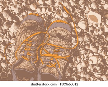 Sneakers On The Beach. Abstract Background With Seashells. Vector illustration.