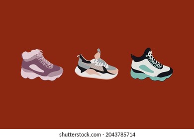 Sneakers on a dark background. Fashionable sports shoes in different colors. Stylish sports shoes sneakers and sneakers. Vector illustration with shoes for poster design. Vector illustration
